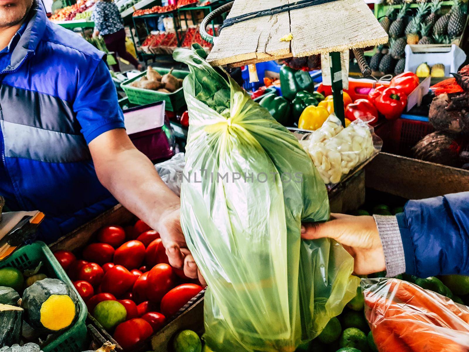 Sale of vegetables where the seller delivers a bag with groceries bought by the customer