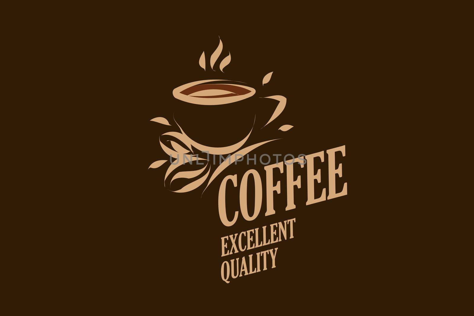 Vector logo with a drawn coffee cup on a dark background.