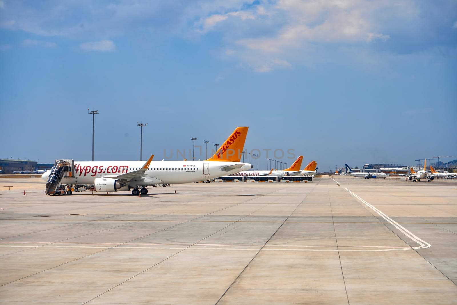 Fly Pegasus aircraft parking at the Turkish airport. Turkey , Istanbul - 21.07.2020