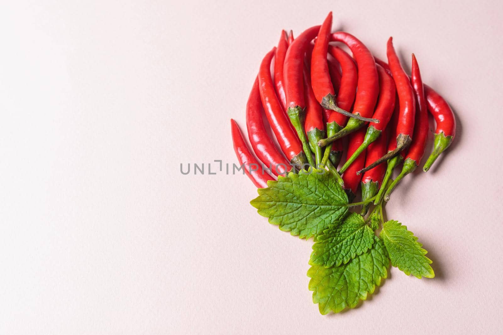 Slide of red chili peppers with green leaves on a light background. View from above.