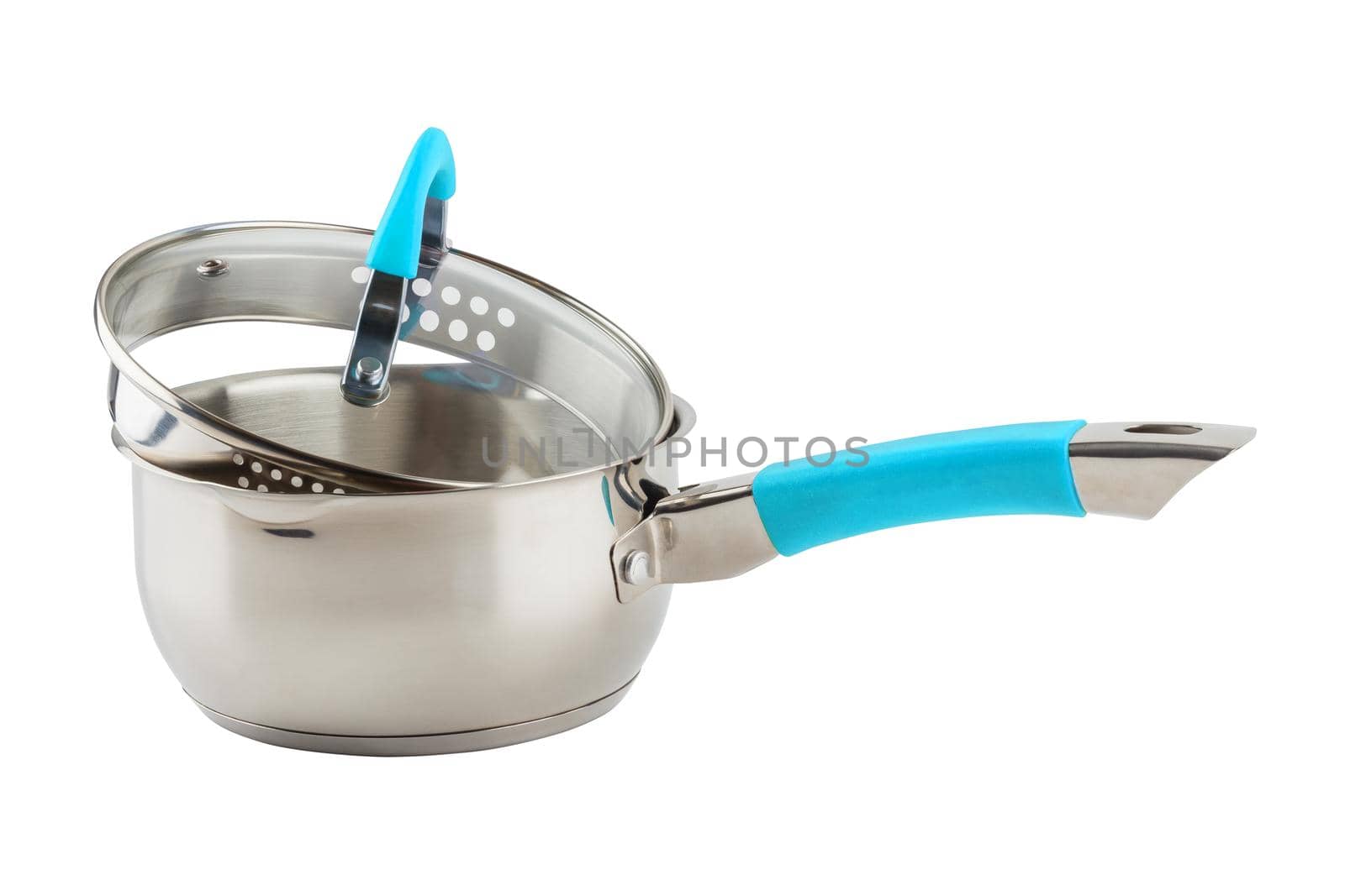 small shiny stainless steel pot with cyan silicon handle and glass lid - isolated on white background