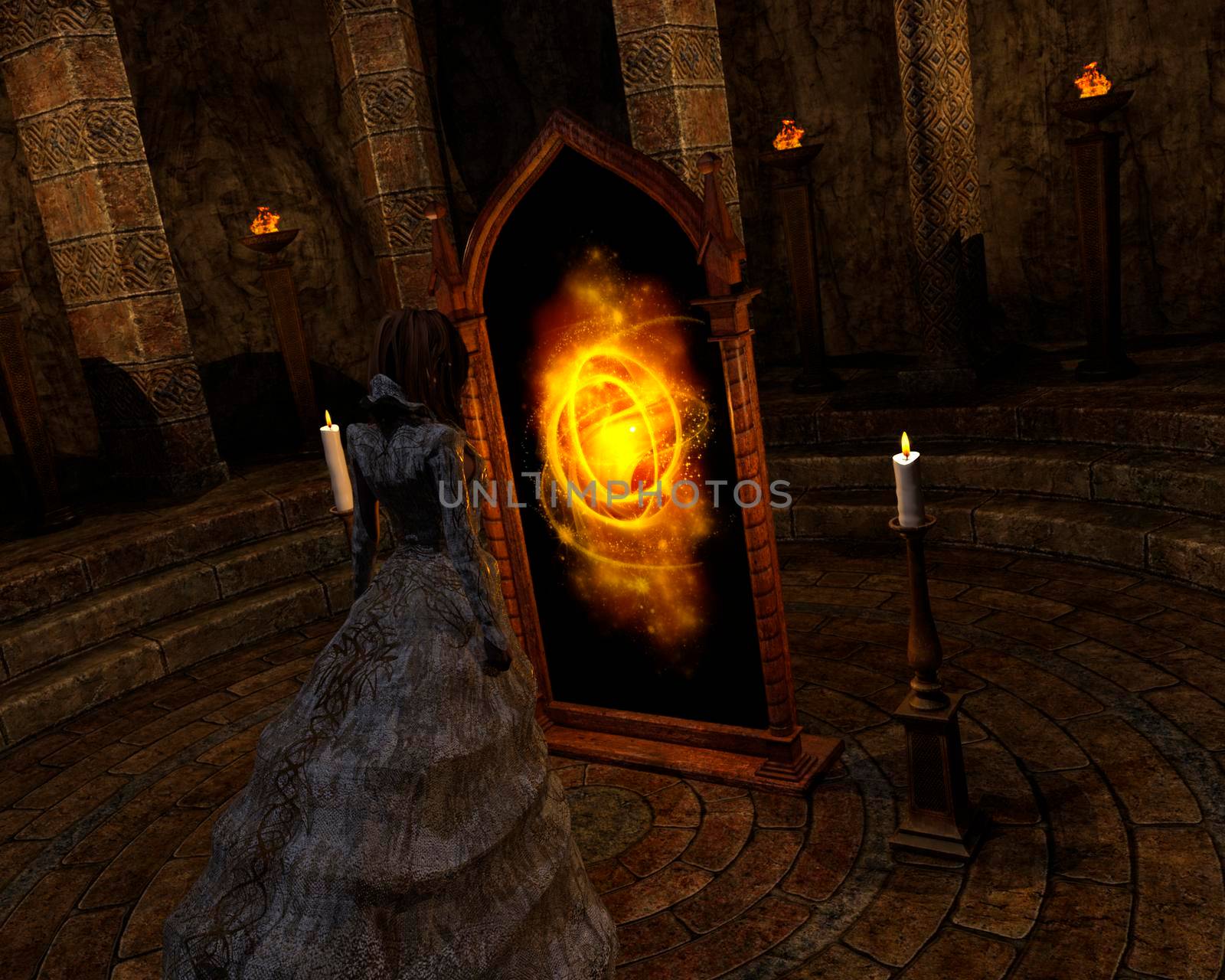 Mystical woman looks in the magic mirror - 3d rendering