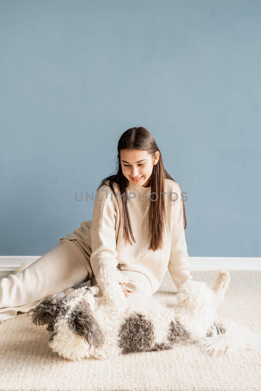 Beautiful brunette woman with playful mixed breed dog, playing and having fun at home