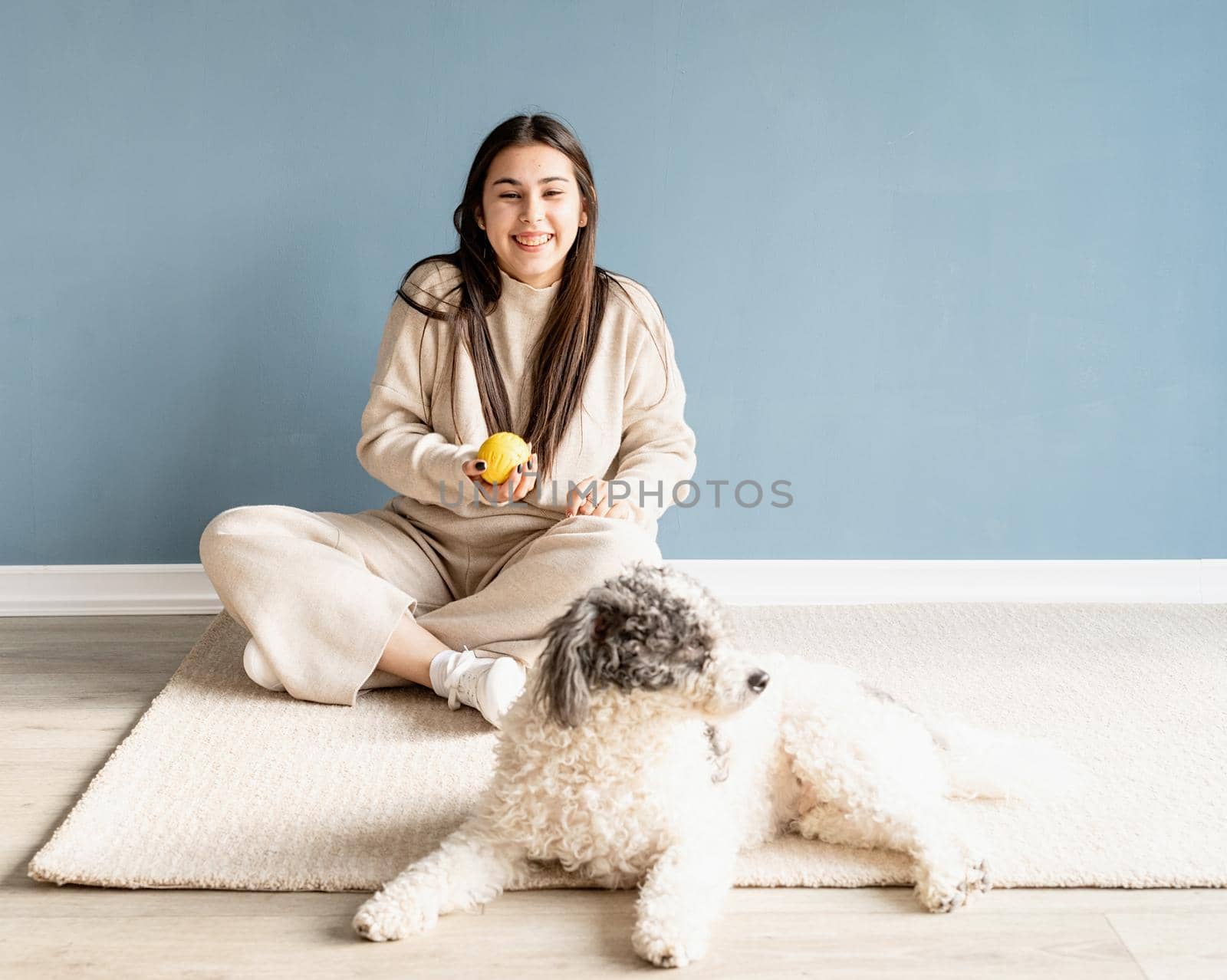 Beautiful brunette woman with playful mixed breed dog, embracing and having fun at home