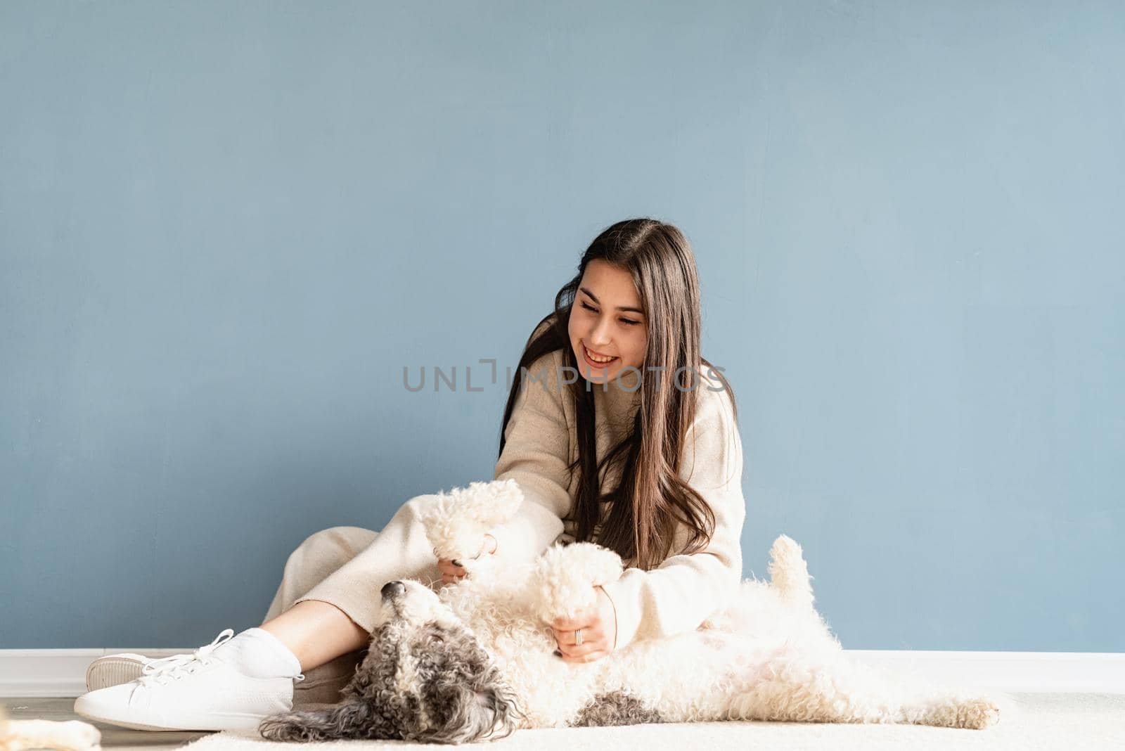 Beautiful brunette woman with playful mixed breed dog, embracing and having fun at home