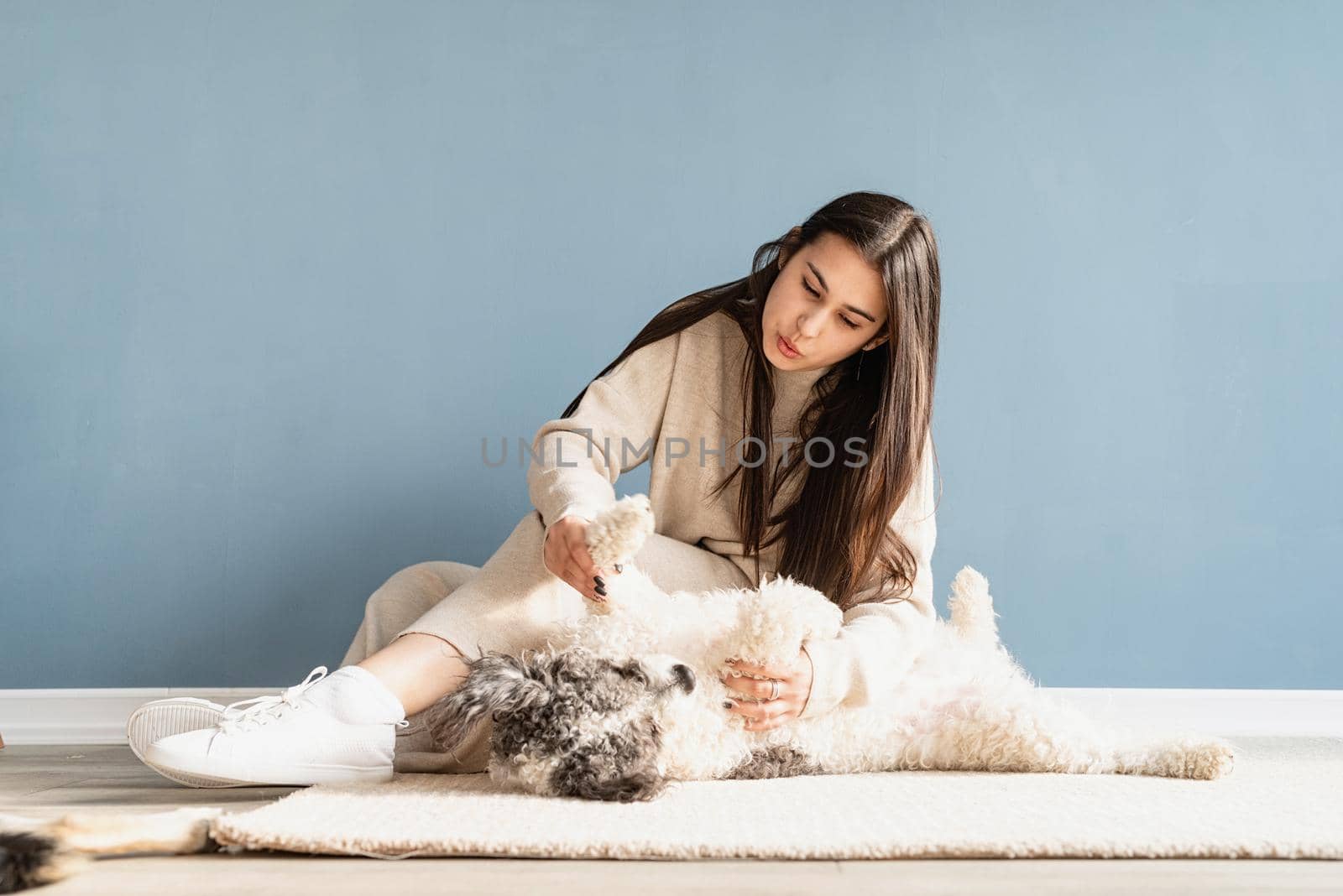 Beautiful brunette woman with playful mixed breed dog, embracing and having fun at home