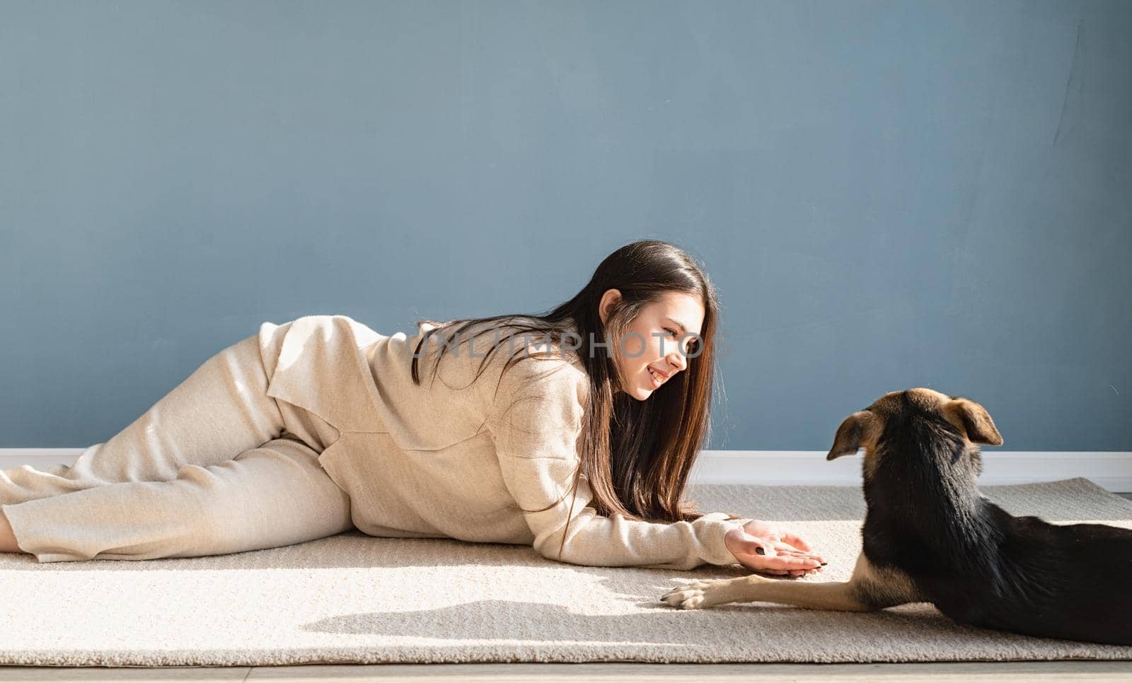 Beautiful brunette woman with playful mixed breed dog, embracing and having fun at home