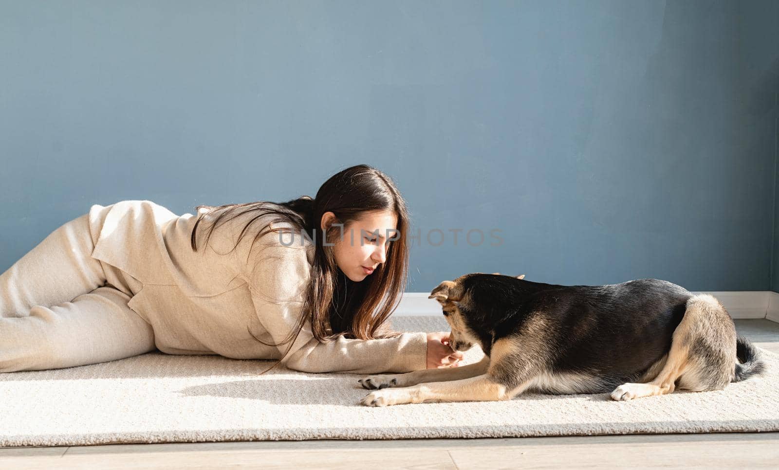 Beautiful woman with playful dog embracing at home by Desperada