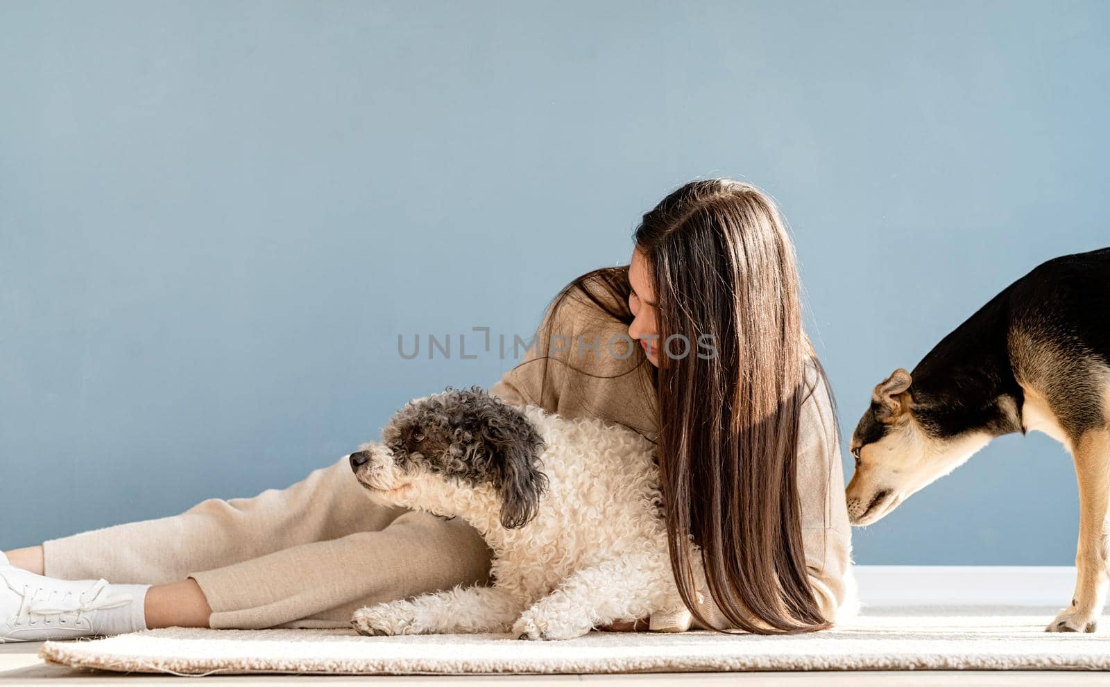 Beautiful woman with playful dogs embracing at home by Desperada