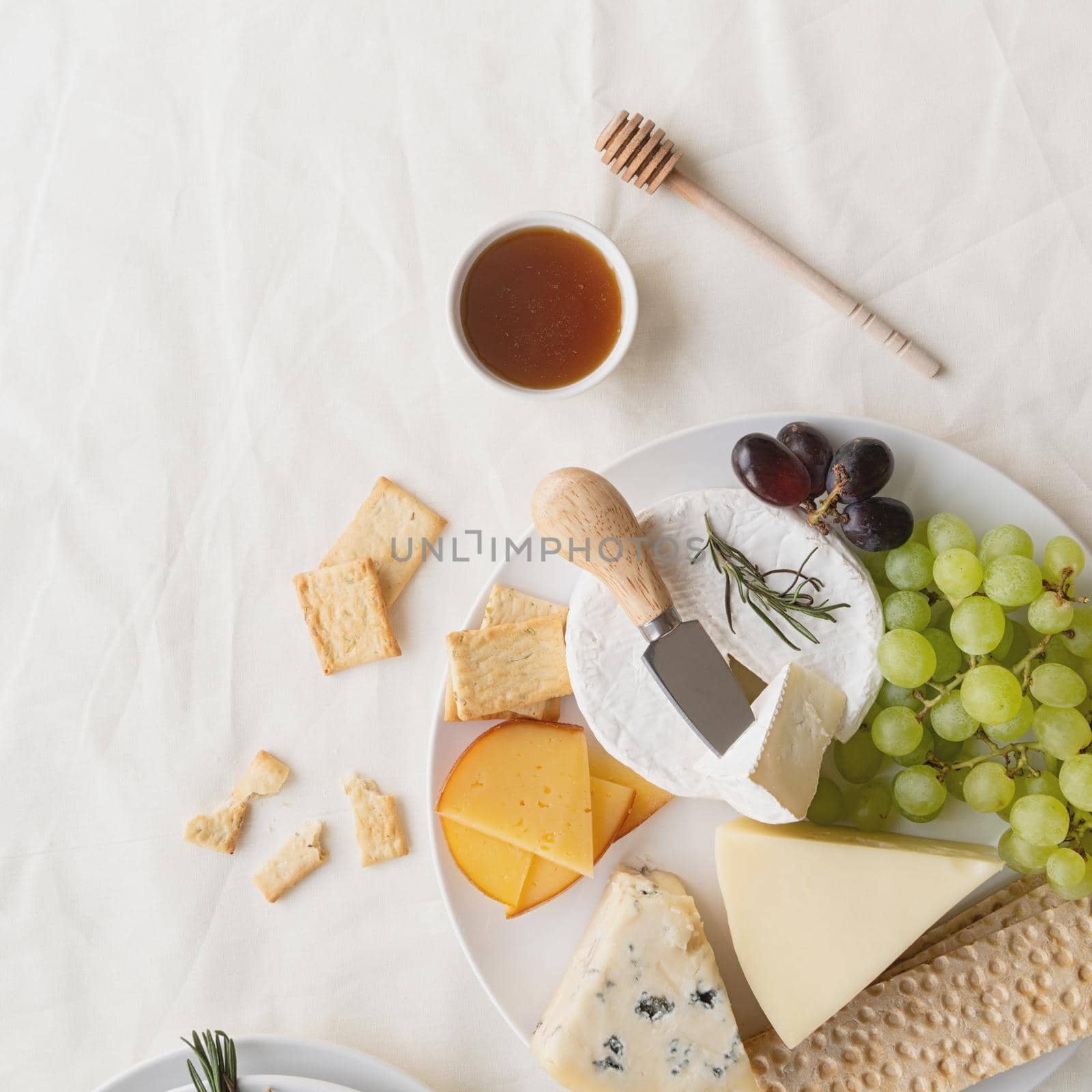 Cheese plate: Maasdam, Camembert cheese, blue cheese, bread, grapes, rosemary, honey, grapes on table
