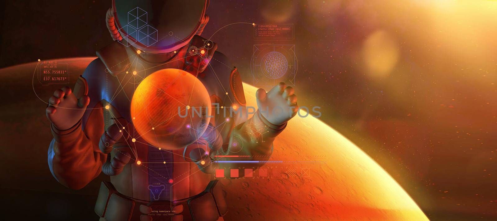 In Mars orbit, a man in a spacesuit examines the received data.