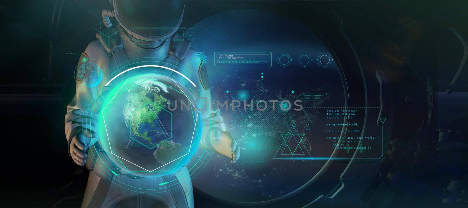 An astronaut is analyzing data from the Earth's orbit. 3D render by ConceptCafe
