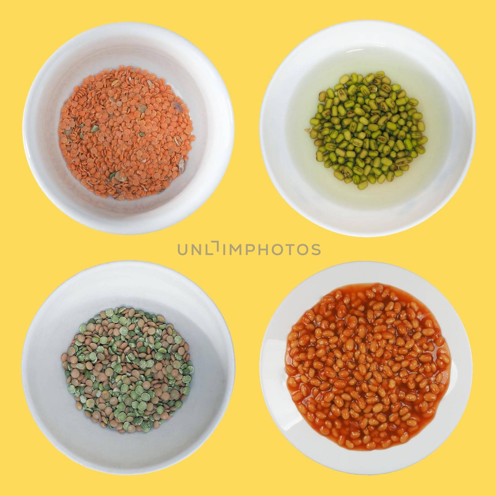 four dishes of mixed legumes including beans and peas