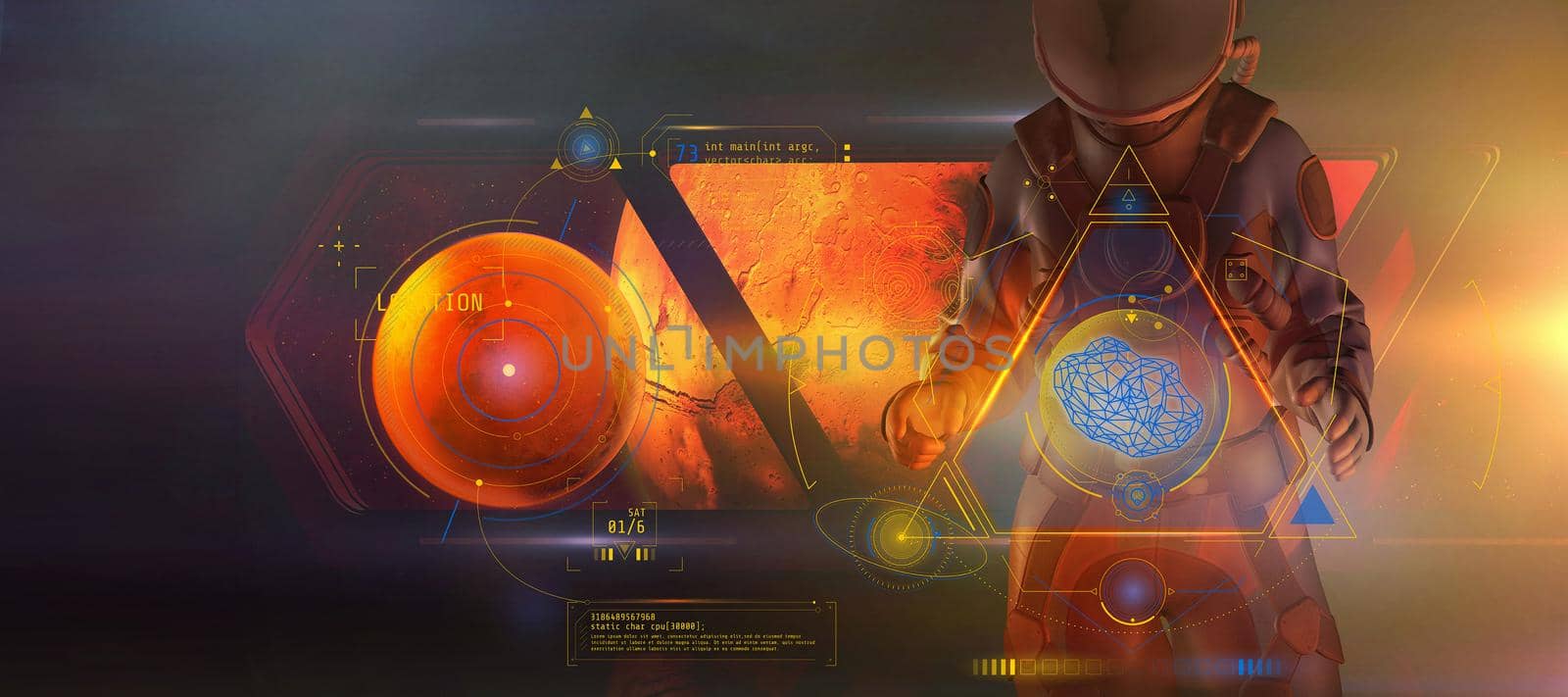An astronaut aboard his ship explores the satellites of Mars. 3D render by ConceptCafe
