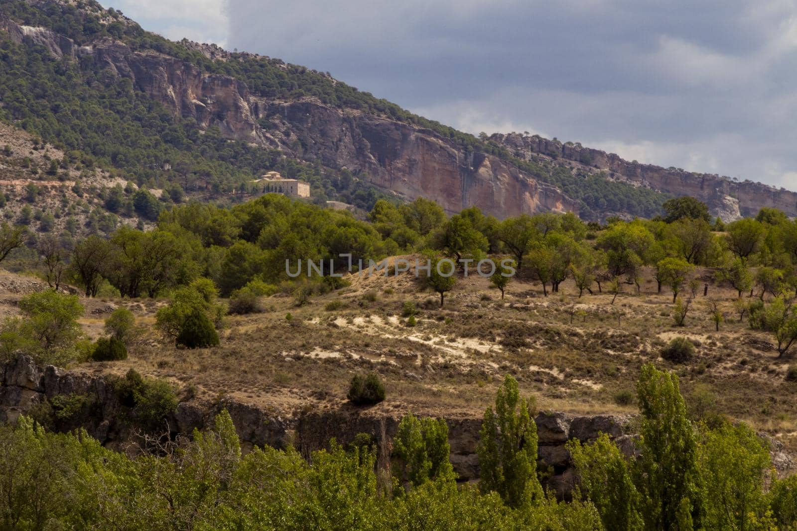 Wide-shot of a mountain range coverd by pines with a monastery in the slope