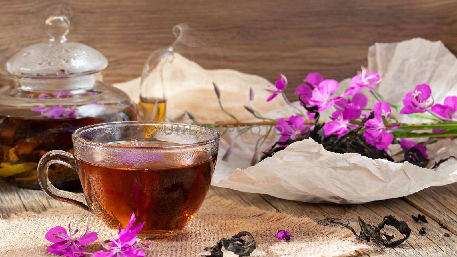 Herbal tea made from fireweed known as blooming sally in teapot and cup by galsand