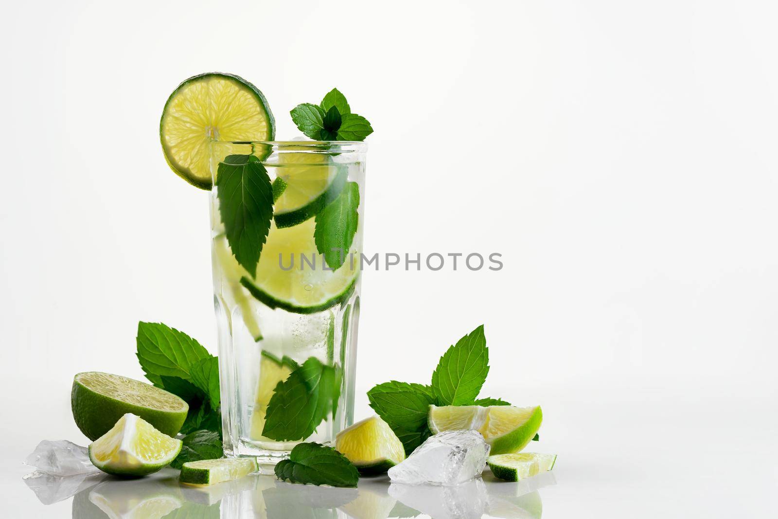 Fresh homemade mojito cocktail in a tall glass with lime, mint and ice on a white background, copy space by galsand