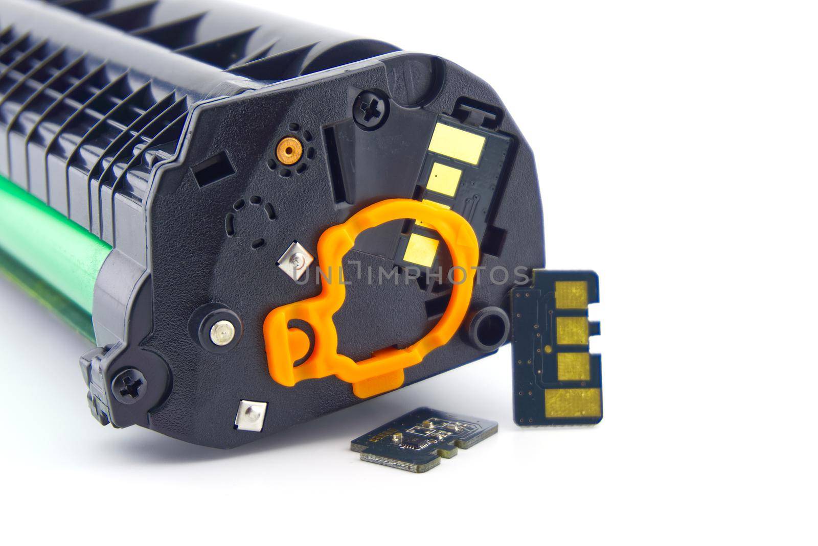 Laser printer toner cartridge and reset chip isolated on white background