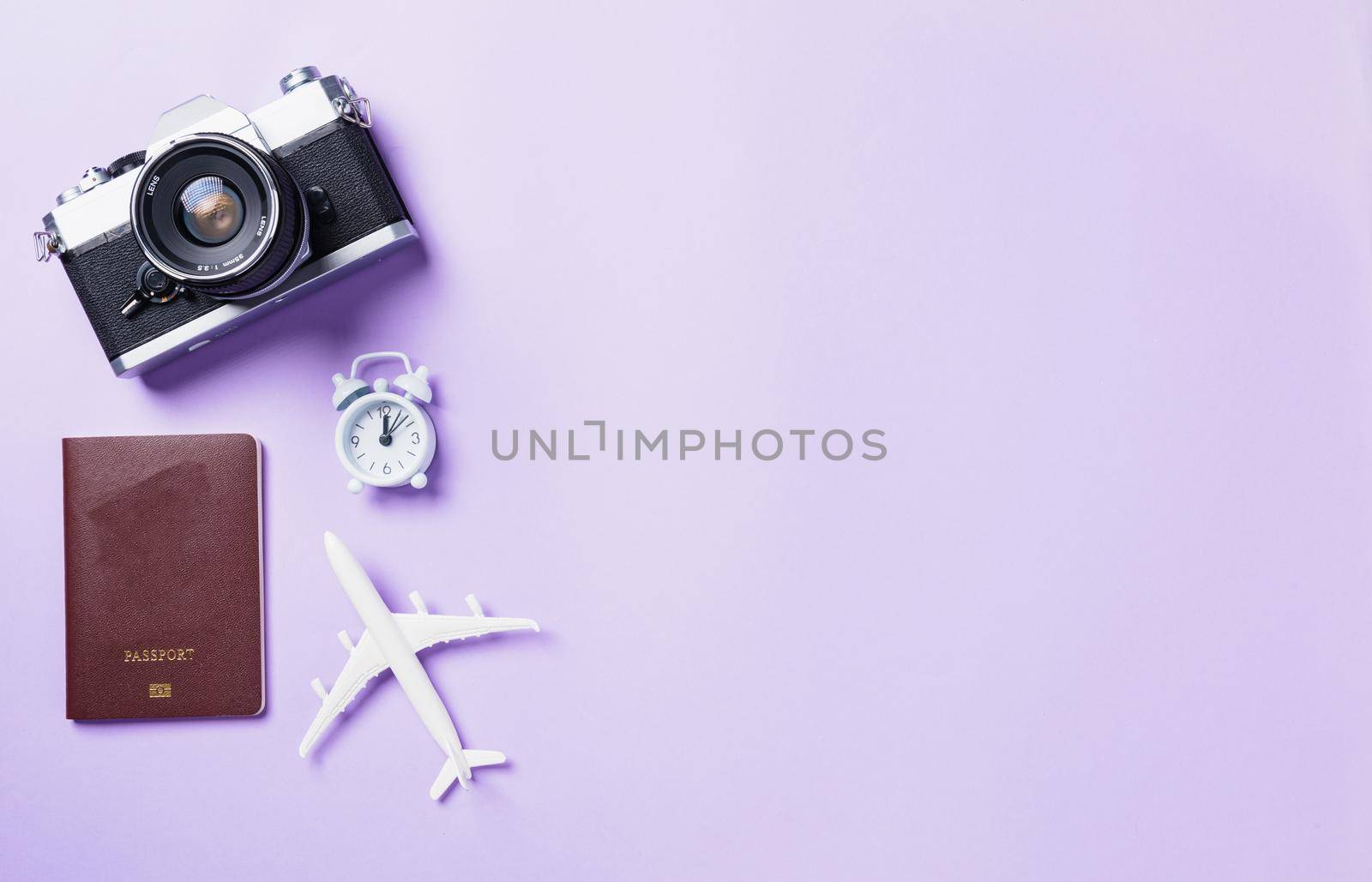 retro camera films, airplane, passport travel accessories by Sorapop
