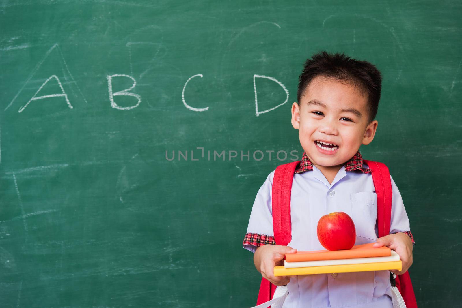 Child boy from kindergarten in student uniform with school bag holding red apple on books by Sorapop