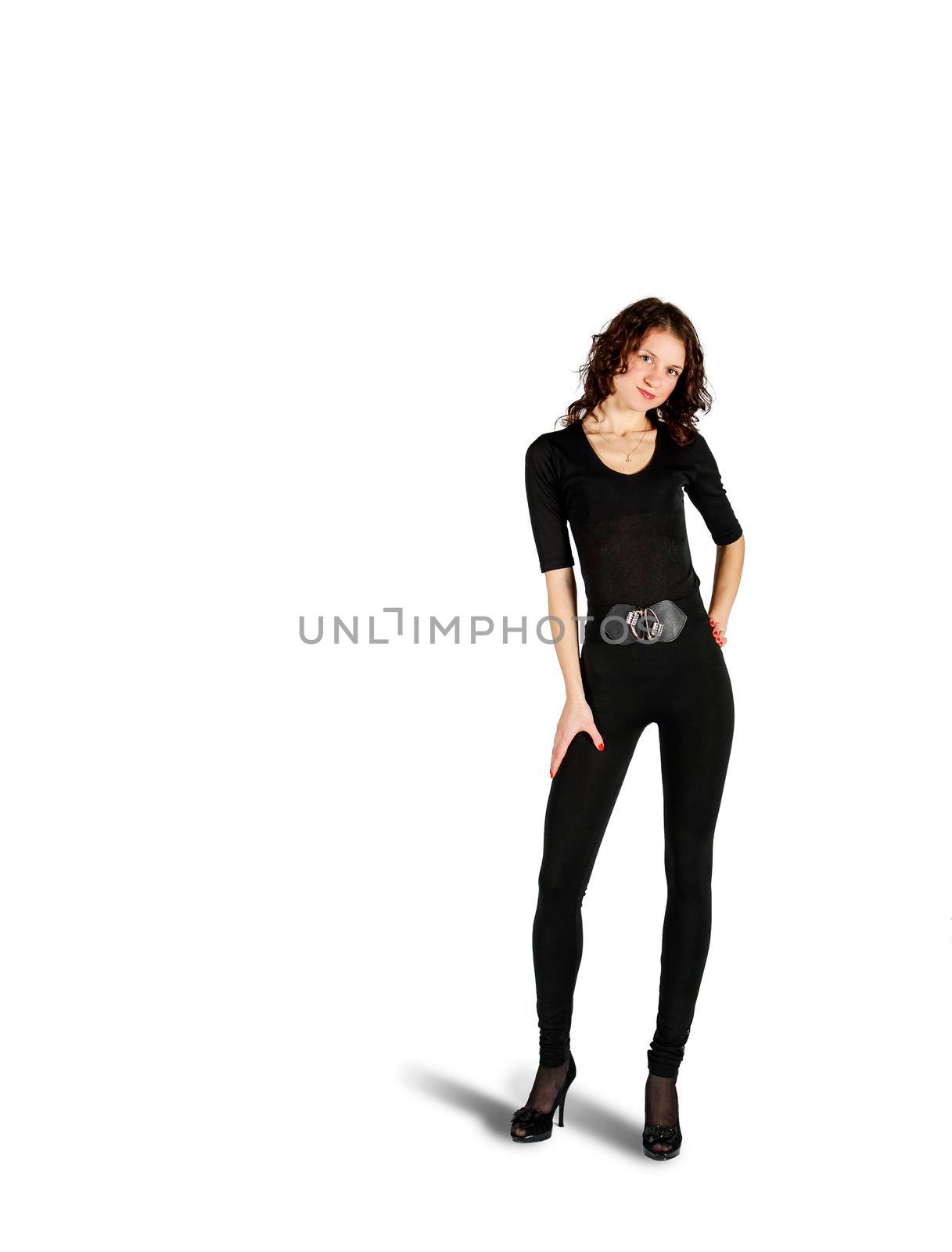 young beautiful woman in black suit posing standing in studio on white background