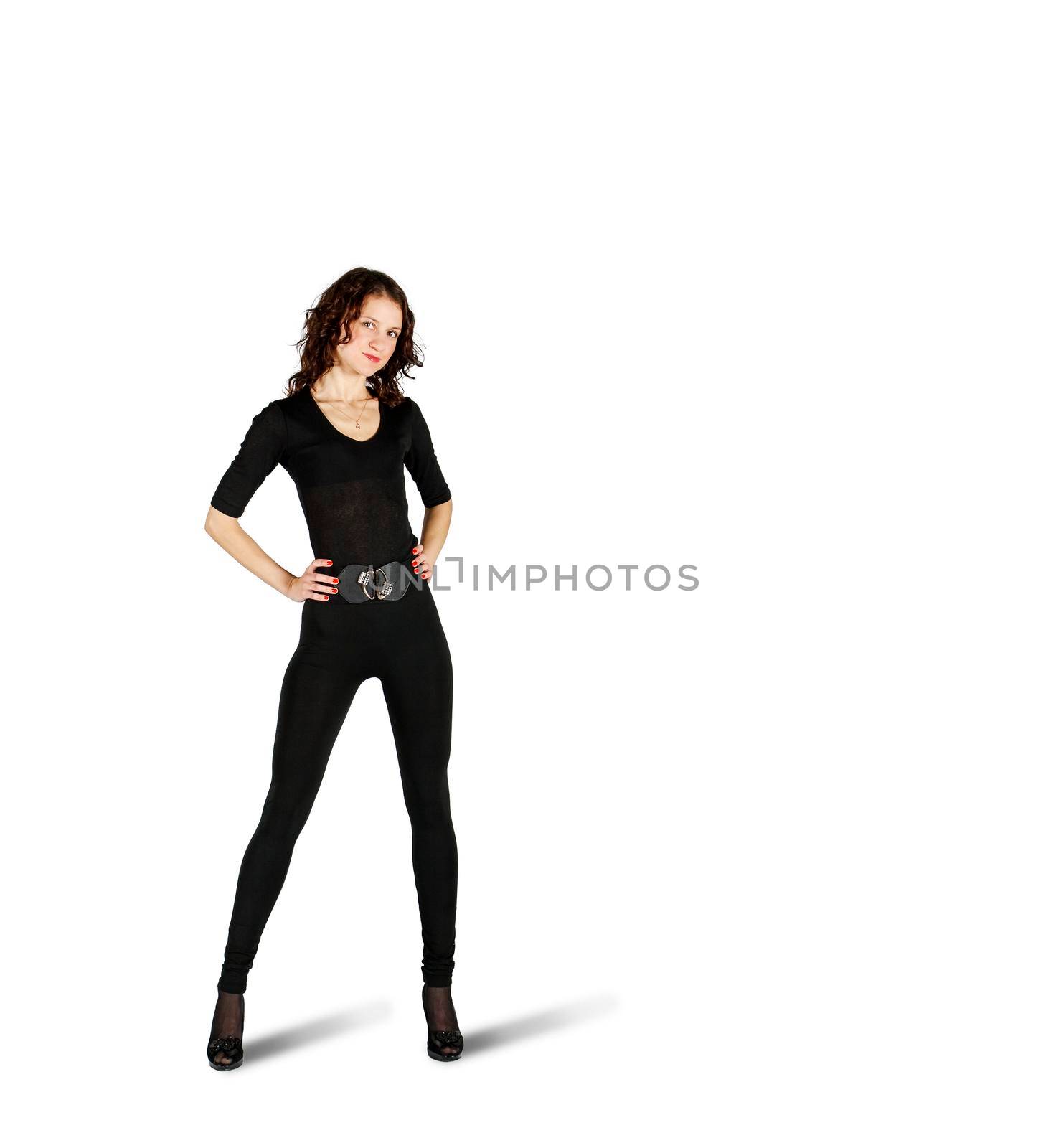 young beautiful woman in black suit posing standing in studio on white background