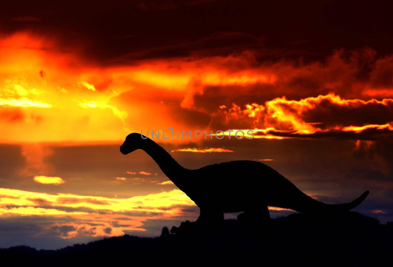 silhouettes of dinosaurs in the forest on sunset background with copy space add text by pramot