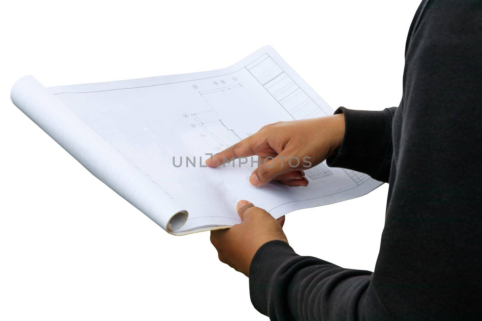 engineer finger point on paper plan blueprint in check building technician place construction site isolated over white background and clipping path by pramot