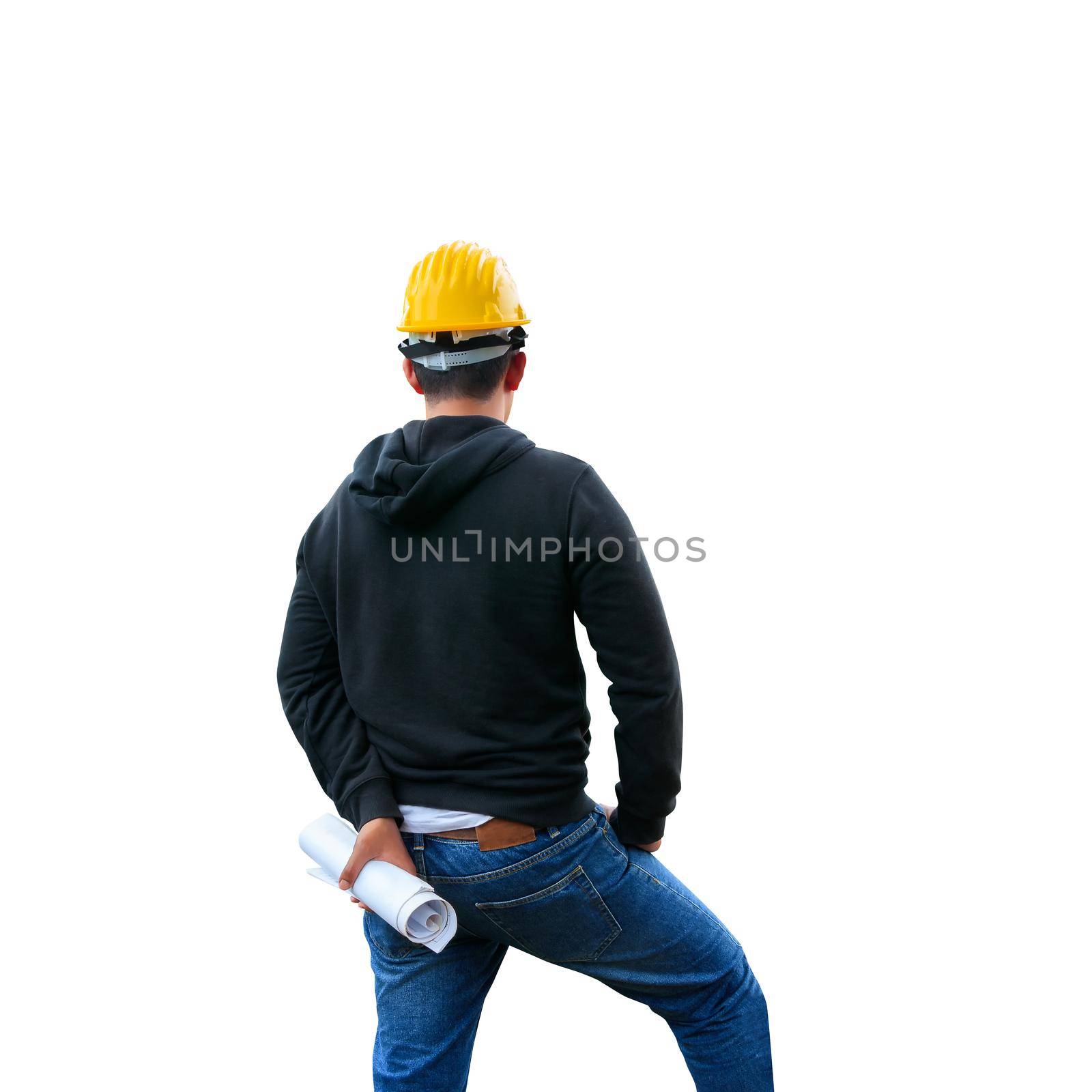 engineering wear helmet yellow with hand  holding paper plan blueprint in check building technician place construction site isolated on white background and clipping path by pramot