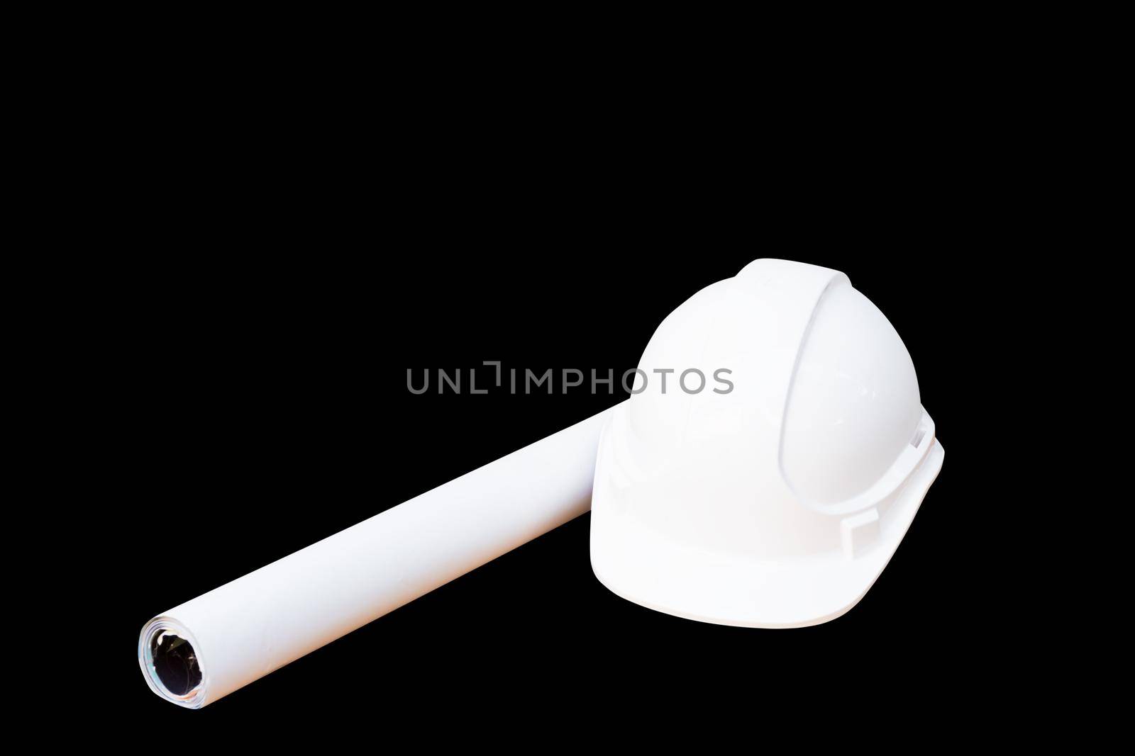 white safety helmet plastic and paper roll plan blueprint construction of engineering  isolated on black background and clipping path by pramot