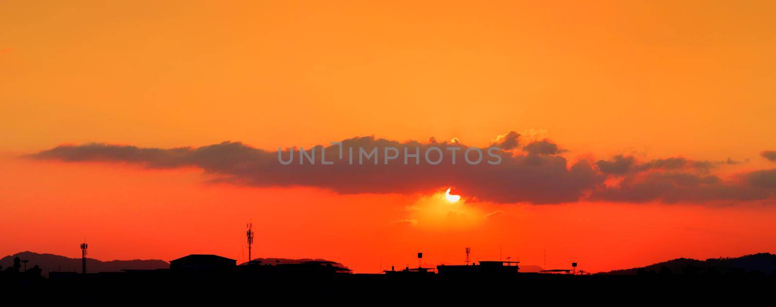 panorama view sunset in sky beautiful colorful landscape silhouette city countryside and tree woodland twilight time art of nature by pramot