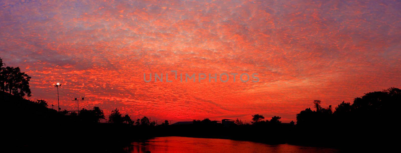 panorama sunset in red sky beautiful colorful landscape silhouette tree woodland and river reflect the twilight time