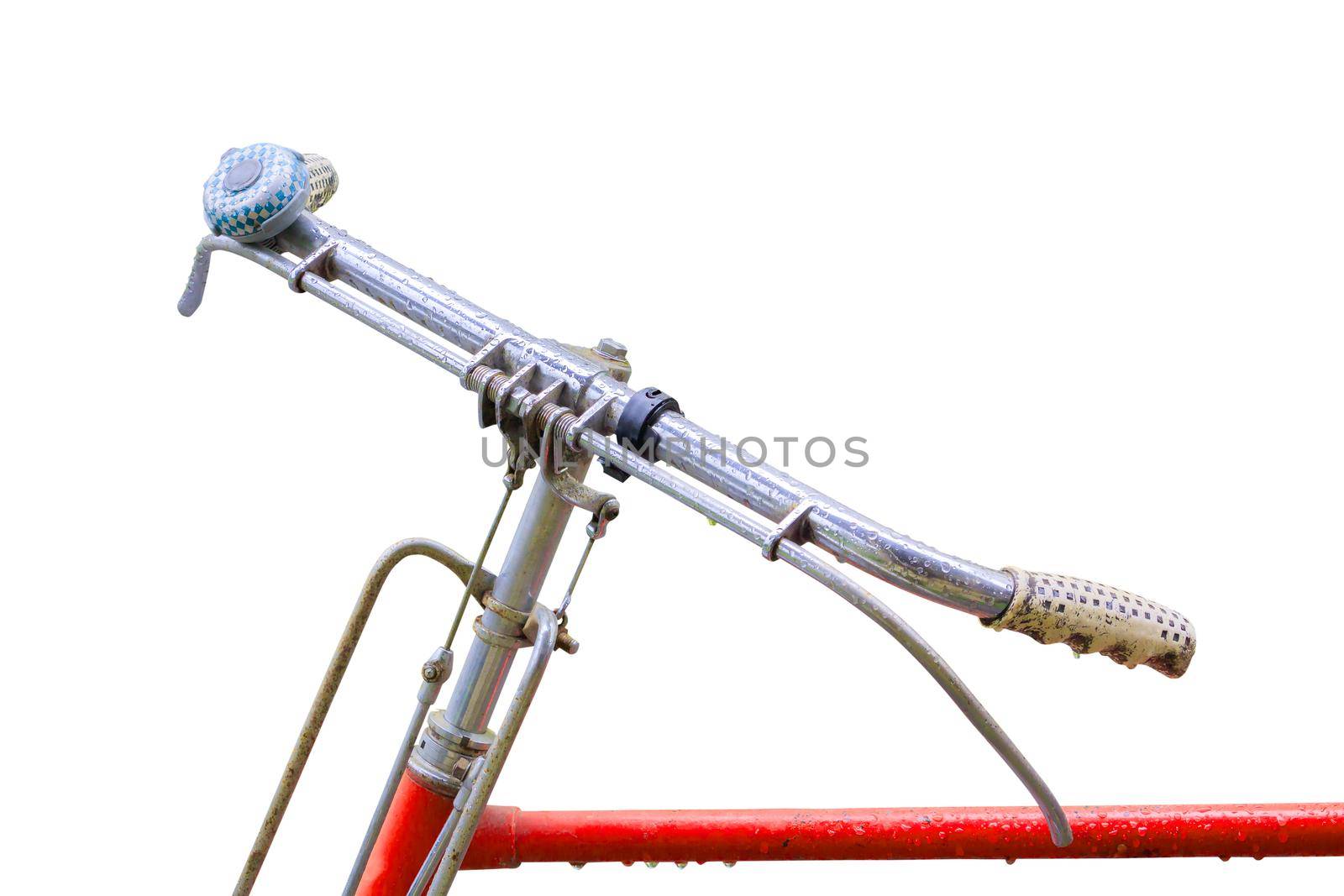 bicycle handle vintage red and  drop water isolated on white background and clipping path. select focus with shallow depth by pramot