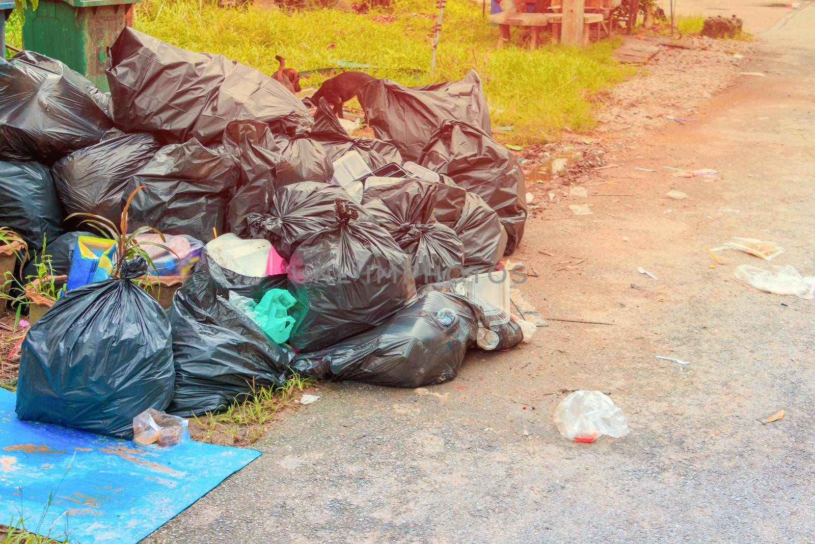 Pile garbage black bag plastic roadside in the city by pramot