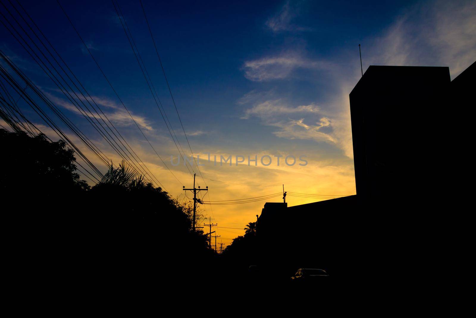 Silhouette Building in the city At sunset