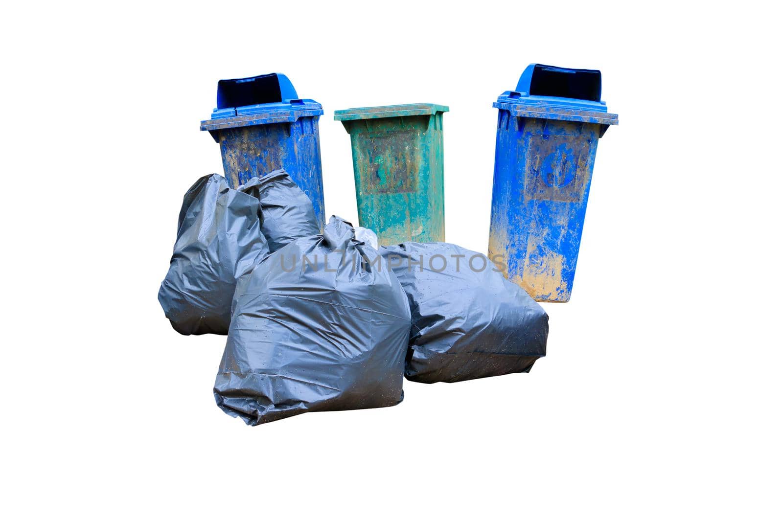 pile black garbage bag plastic and dustbin dirty on white background and clipping path with copy space add text by pramot