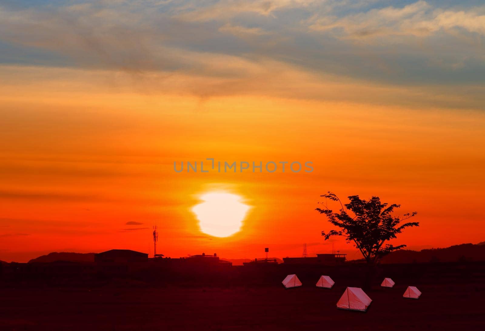 tent canvas tourist accommodation camping relax  time sunset on background with copy space by pramot