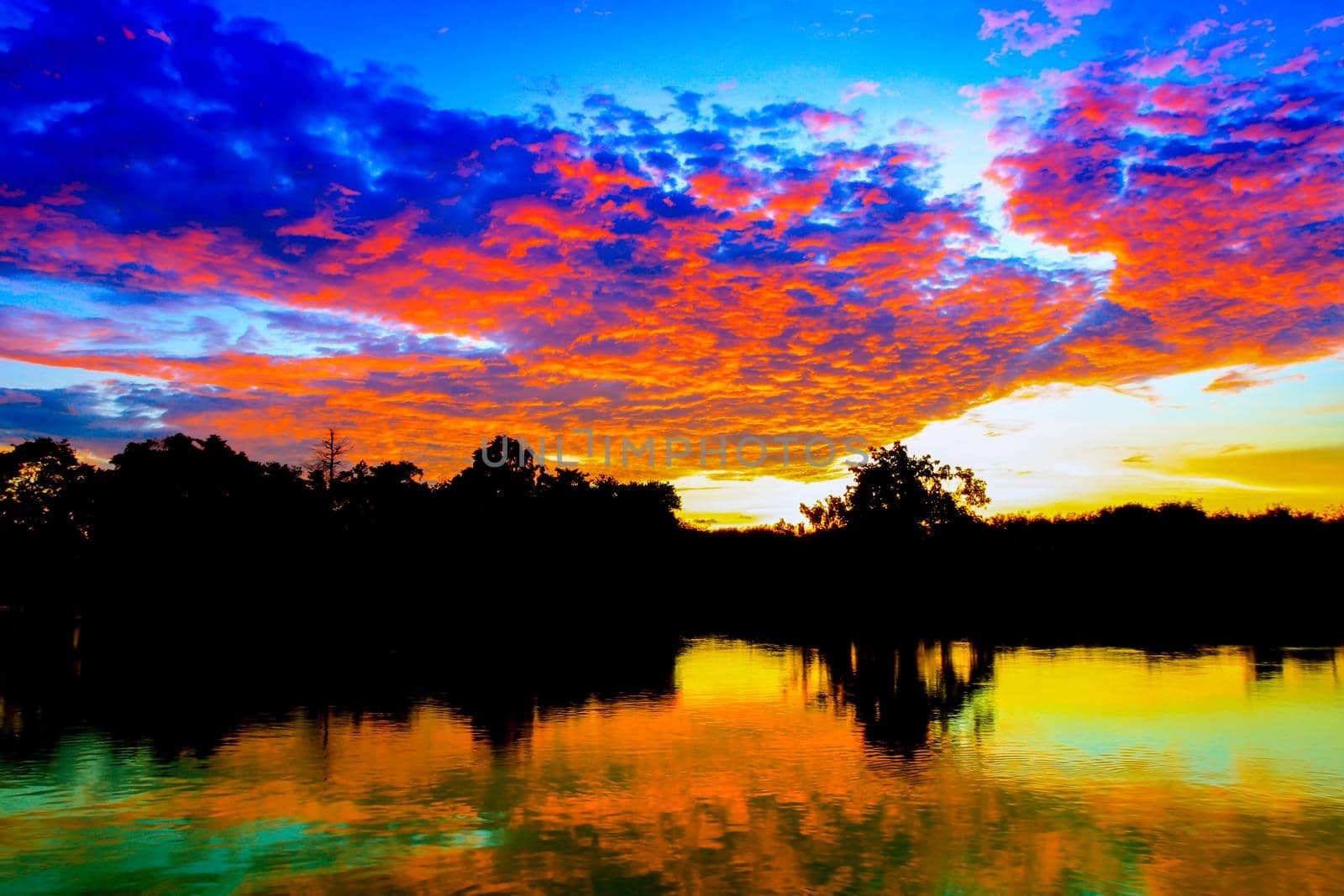 sunset beautiful colorful landscape and silhouette tree  reflex water river in sky twilight time with copy space add text by pramot
