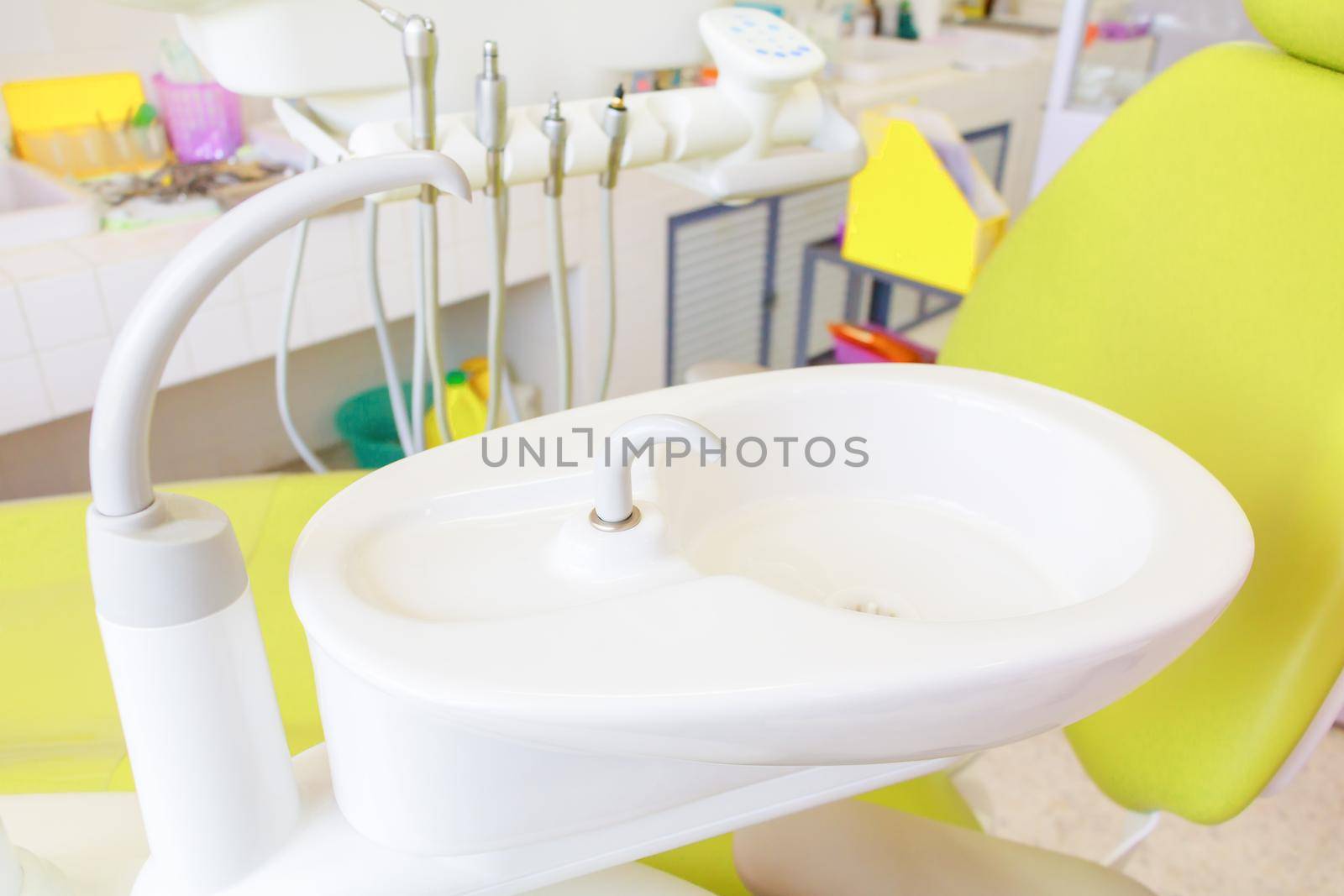 Sink medical equipment dentist Close up, ceramic spittoon and water filler in Clinic