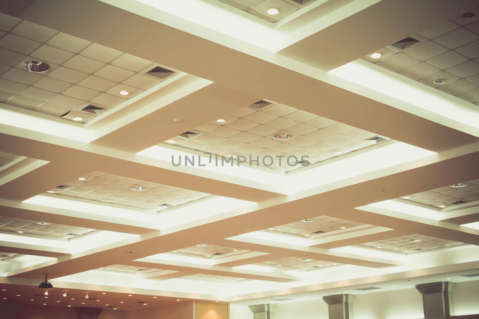 ceiling of business interior office building and light neon. vintage style tone with copy space add text