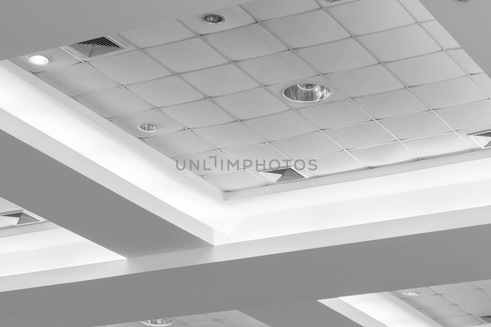 ceiling of business interior office building and light neon. style monochrome with copy space add text