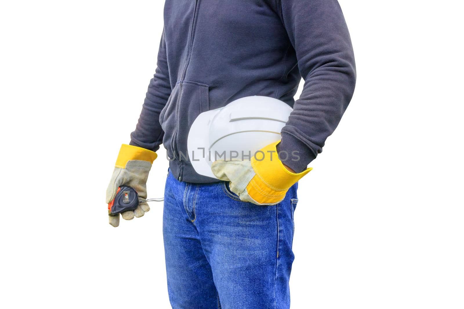 hand of engineering worker wear gloves holding white safety helmet plastic. equipment prevent danger engineer in construction isolated on white background by pramot