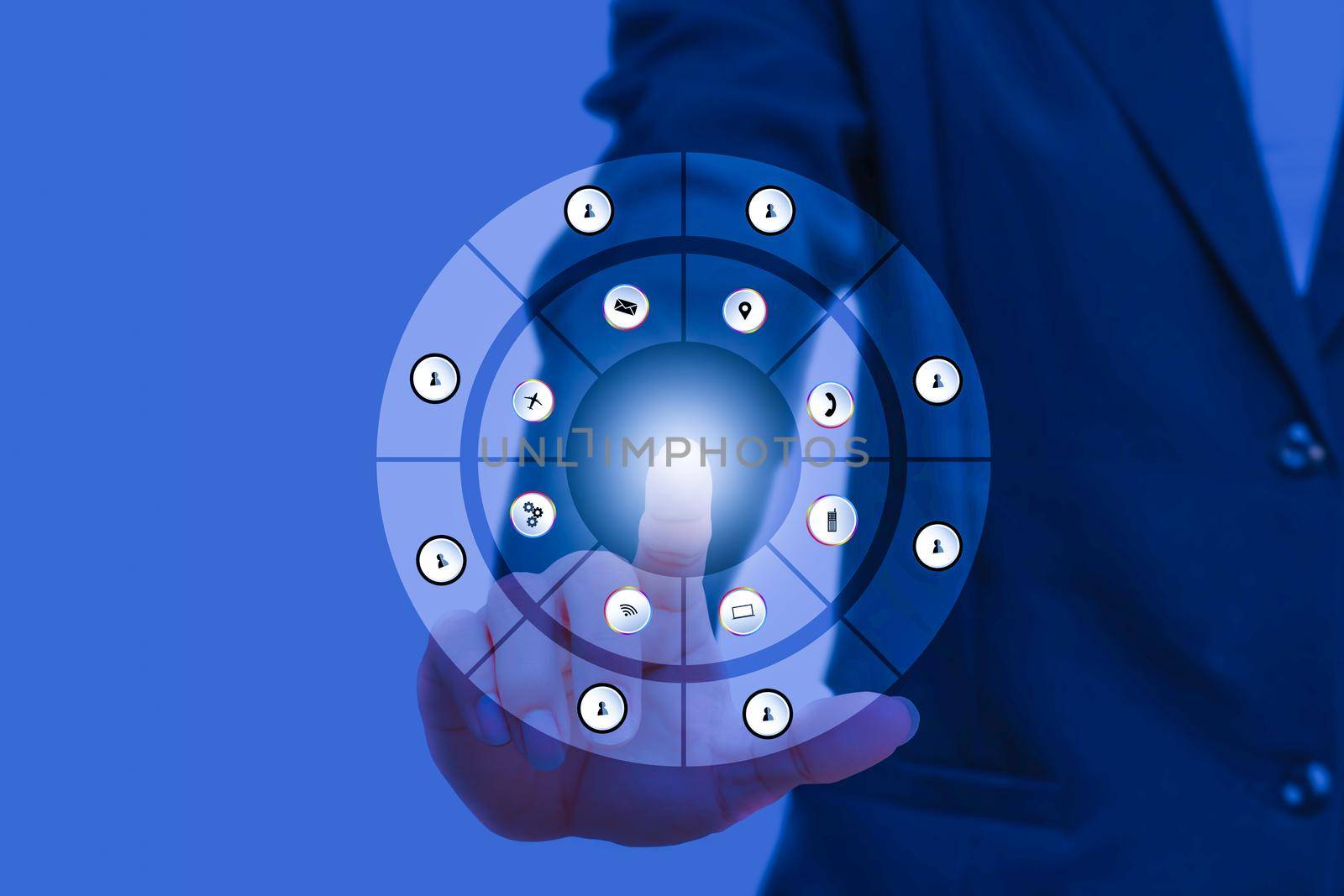 businessman pressing modern social buttons on social network interface with finger hand touch technology icon on blue background and copy space add text by pramot