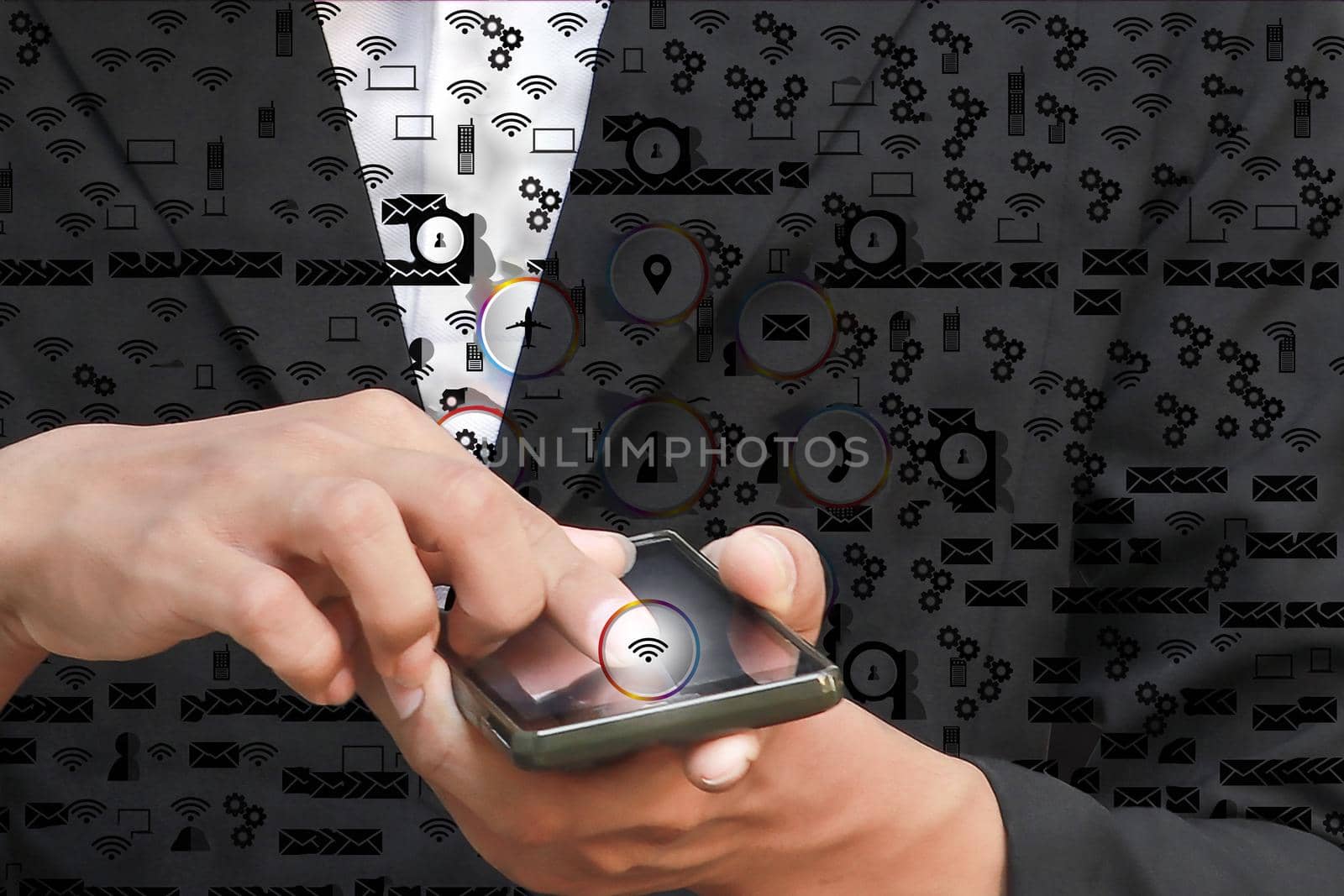 businessman finger hand touch pressing modern social buttons  icon background and copy space add text