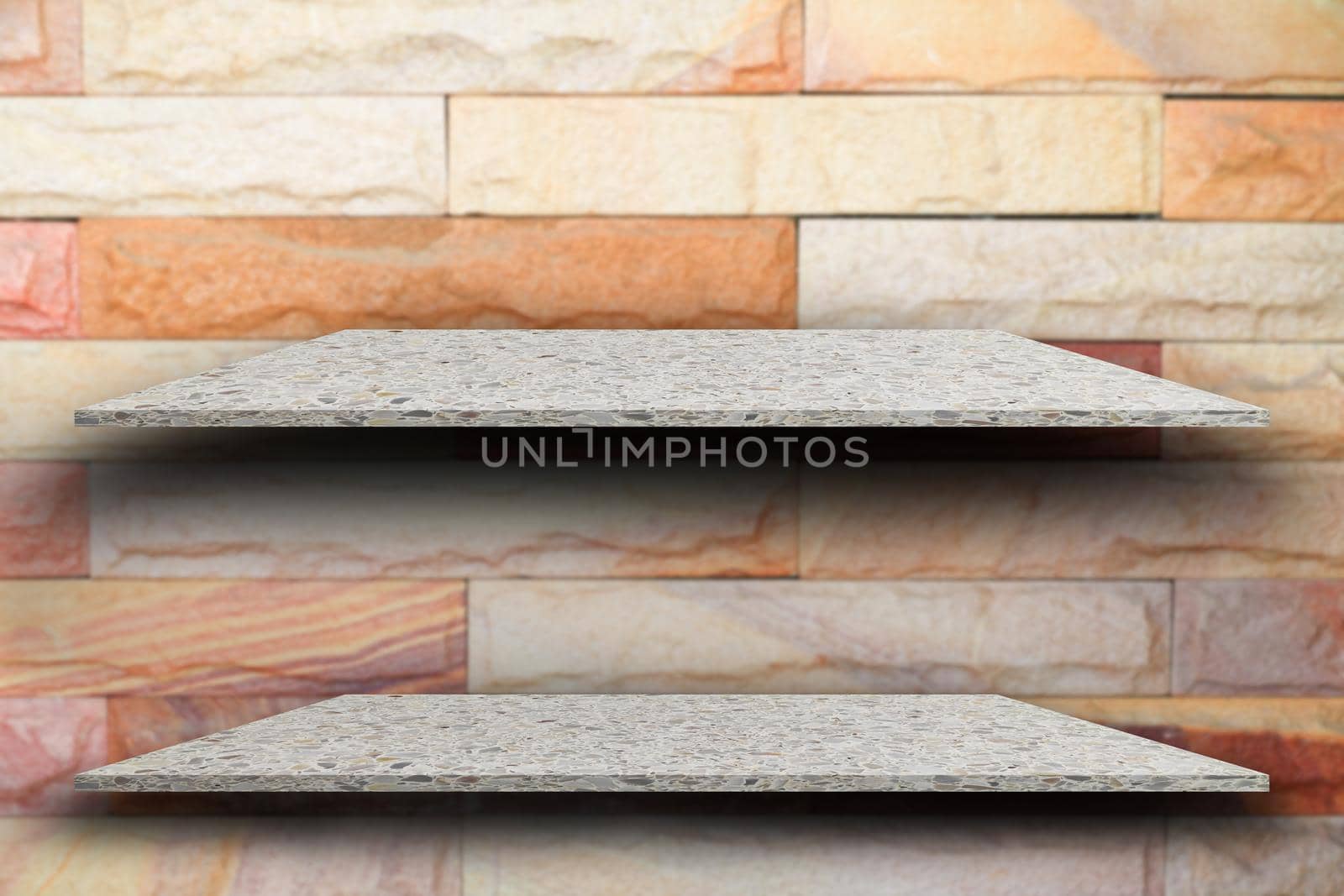 Empty top two shelf polished stone and blur brick wall background. For product display with copy space add text by pramot