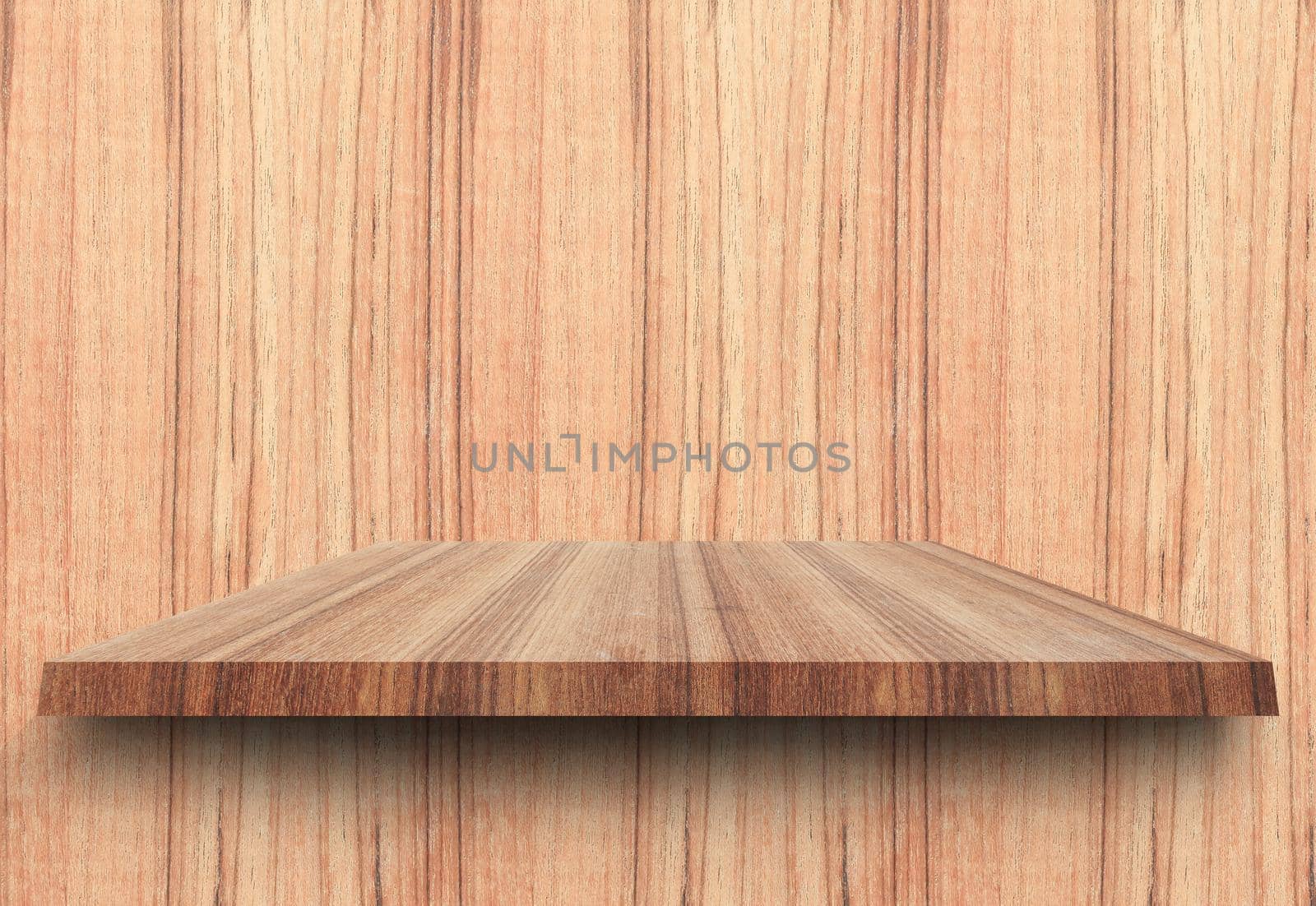 Empty top wooden shelves and woody wall background. For product display with copy space add text