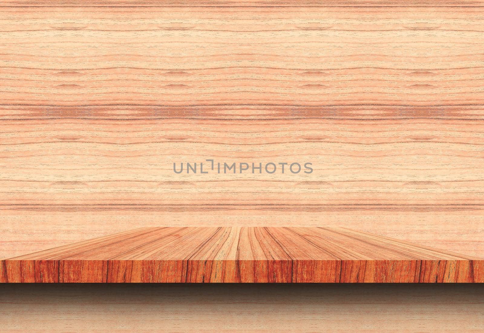 Empty top wooden shelves and woody wall background. For product display with copy space add text by pramot