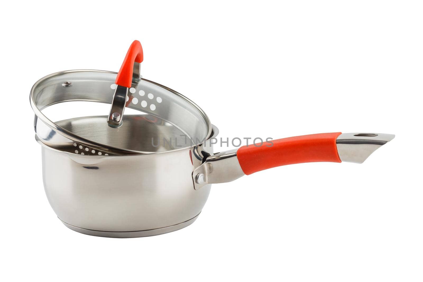 small shiny stainless steel pot with orange silicon handle and glass lid - isolated on white background
