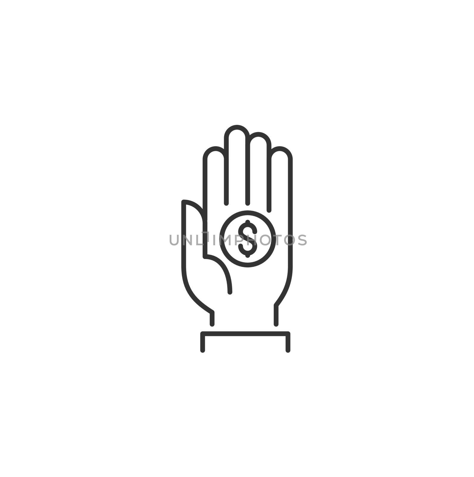 Coin in Palm Related Vector Line Icon. Sign Isolated on the White Background. Editable Stroke EPS file. Vector illustration.
