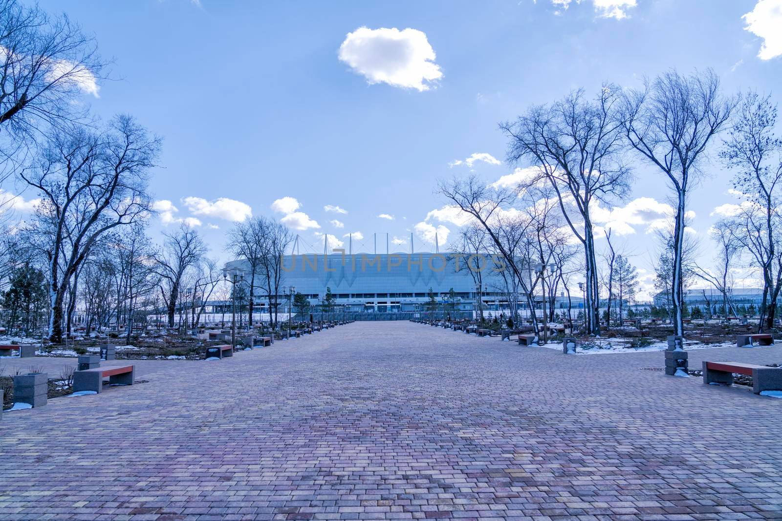 football arena stadium on the background of the blue sky. High quality photo